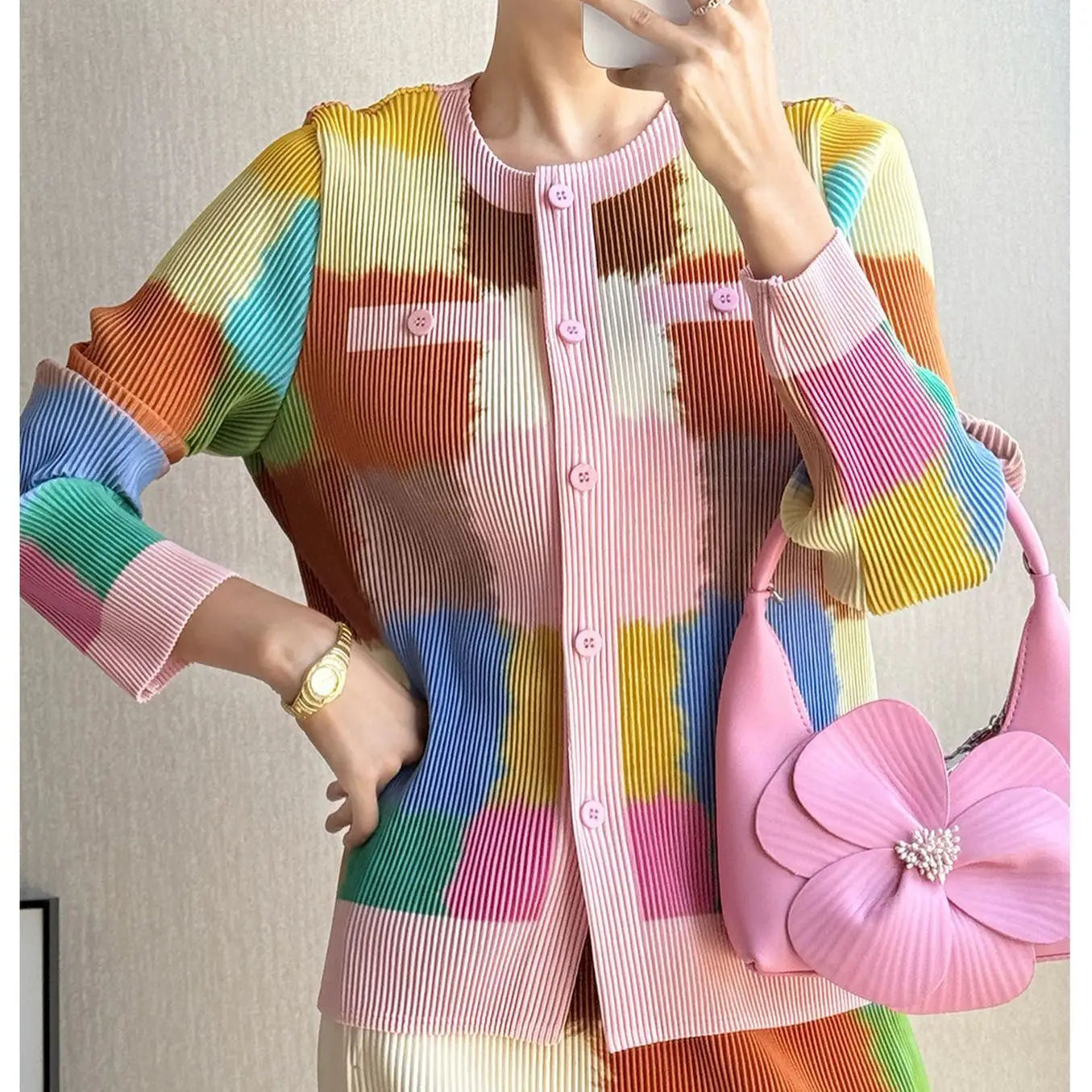 2026 new meat cover loose color printing Christmas fine toothpick pleated explosion wrinkled two-piece set