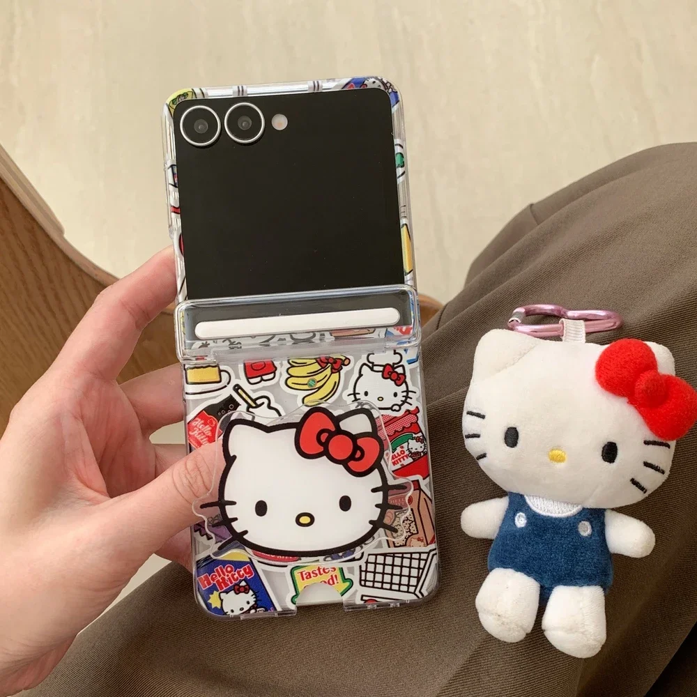 Tarjeta cartera bolsillo transparente lindo dibujos animados Sanrio Hello Kitty funda de teléfono para Samsung Galaxy Z Flip 7 6 5 4 3 cubierta dura de TPU