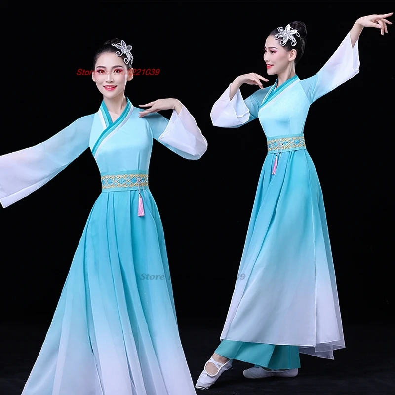 2025 ancient chinese vintage dance costume national gradient color chiffon dress+pants set retro stage performance hanfu dress