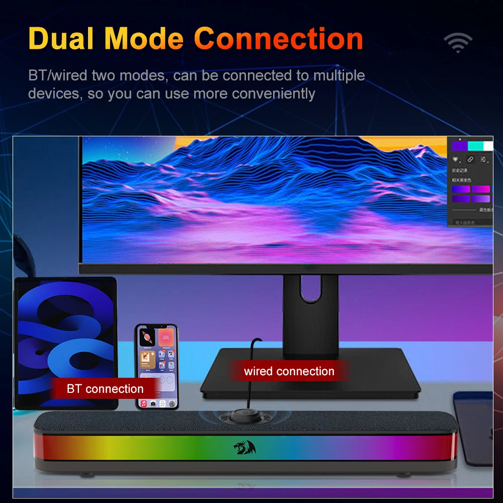 REDRAGON NEO GS515 USB RGB Desktop Soundbar 2.0 Channel Stereo Computer Speakers Support Bluetooth Wireless for PC loudspeakers