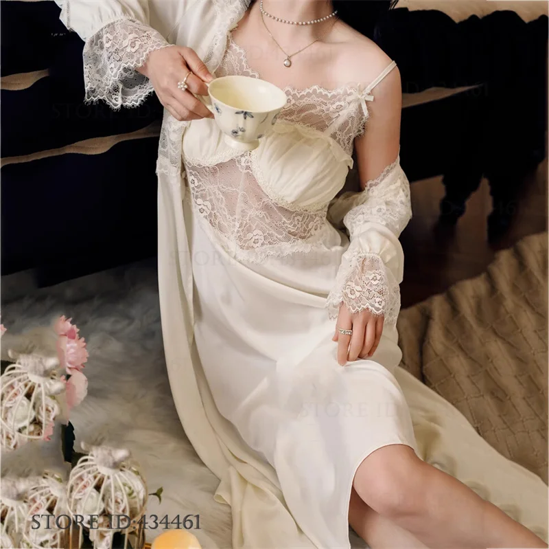 

Patchwork Lace Wedding Long Robe Set Negligee Elegant Satin Home Dress Kimono Bathrobe Gown Spring Summer New Sleepwear Pajama