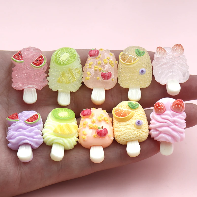 10/100pcs Kawaii Fruit Popsicle Resin Decor Flatback Charms Summer Ice Cream Resin Ornaments for DIY Crafts Decoration