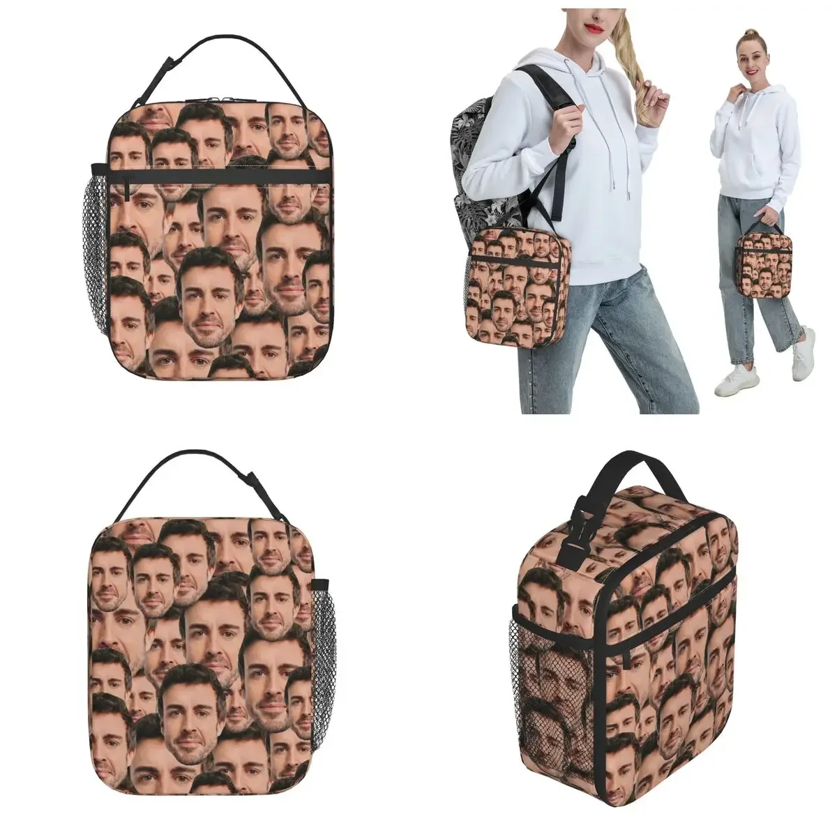 Fernando Alonso Head Product Insulated Lunch Bag For School Funny Food Storage Bag Portable Thermal Cooler Lunch Boxes