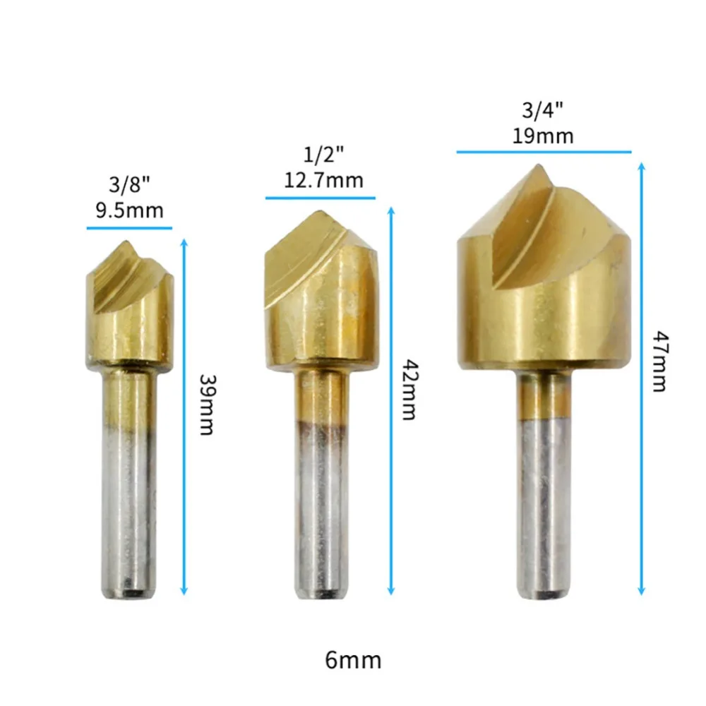 3pcs Titanium Plated Chamfering Cutter Set 90 Degree Carbon Steel Countersink Drill Bit Set Single Flute 3/8 1/2 3/4