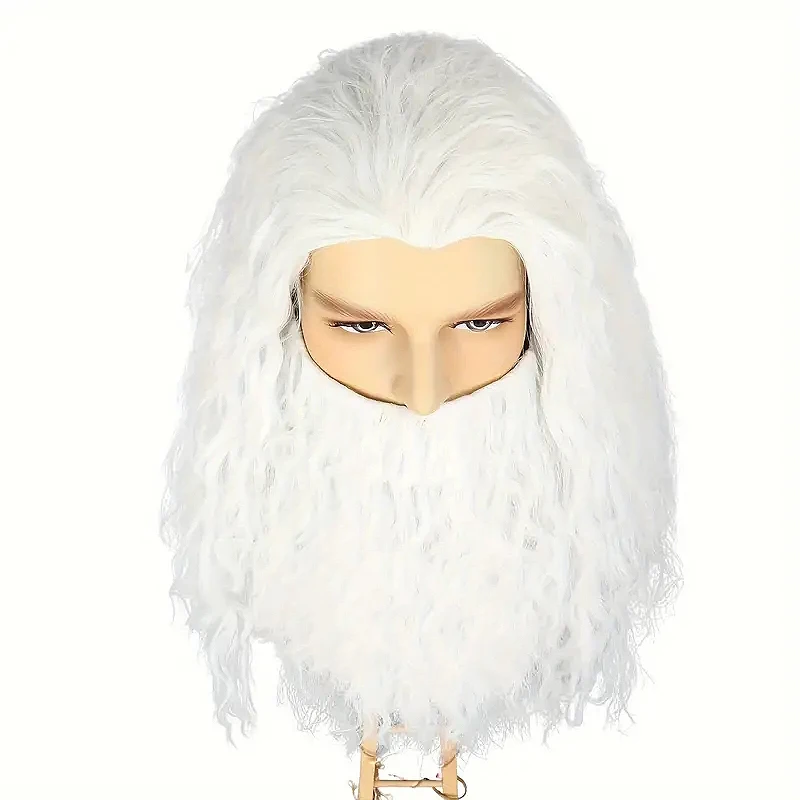 Barba e peruca de feiticeiro branco – acessório de fantasia de pai engraçado de Halloween para adultos (peruca + barba)