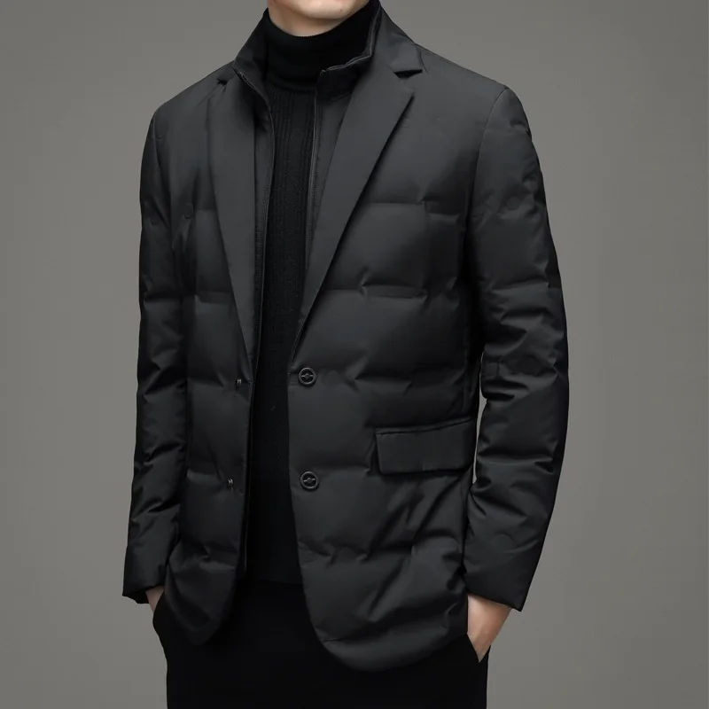 KIDWHXR Men Down Coat Winter Turn Down Collar Male Fake Two-piece Suit Jacket Loose Long Sleeve Business Casual Man Outerwear