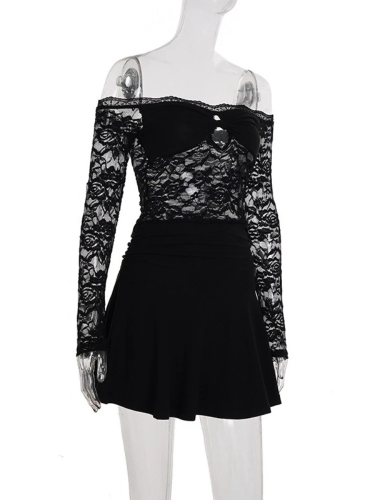 Foamlina Modna Sukienka Mini z Odkrytymi Ramionami, Seksowna, z Dekoltem typu Slash Neck, Długi Rękaw, Streetwear, Wycięcia, Dopasowana, Patchworkowa