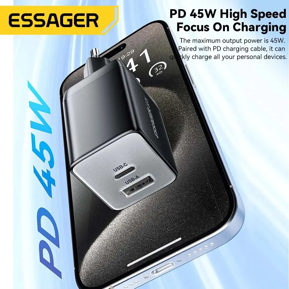 Essager GaN 45W USB Charger Fast Charger PD QC 3.0 USB C Charger Quick Charger For iPhone 14 13 Travel Charger for Samsung S21