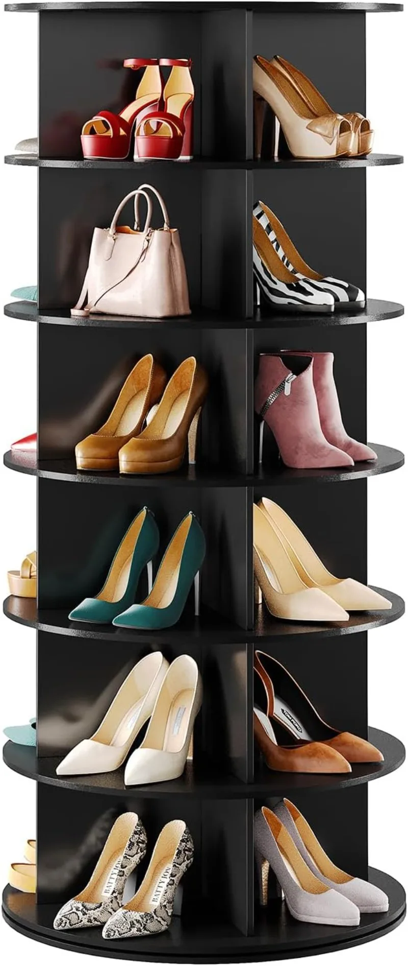 Schwarzer 6-stufiger drehbarer Schuhregal-Organizer, Schuh-Display-Turm Lazy Susan, drehbarer Schuhregal zur Aufbewahrung von Organisation,