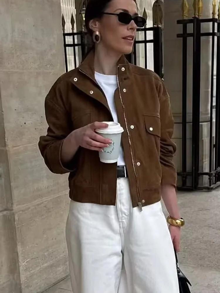 

HH Elegant Woman Long Sleeves Zipper High Neck Pockets Design Slim Autumn Coats Women Casual Suede Textured Street Jacket