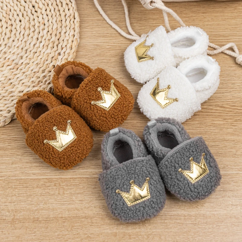 KIDSUN Winter Warm Baby Bootise Baby Boy Girl Shoes Plush Fluff Cotton Soft Sole Socks Cute Crown Baby Don't Drop Shoes