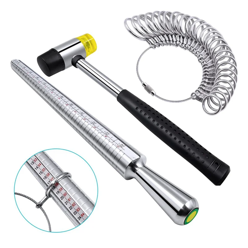 AOAO-2X مجموعة أدوات قياس حجم الحلقة بما في ذلك حلقة مغزل حلقة معدنية مجموعة قياس الحجم مطرقة مطرقة مطرقة النسخة الأمريكية