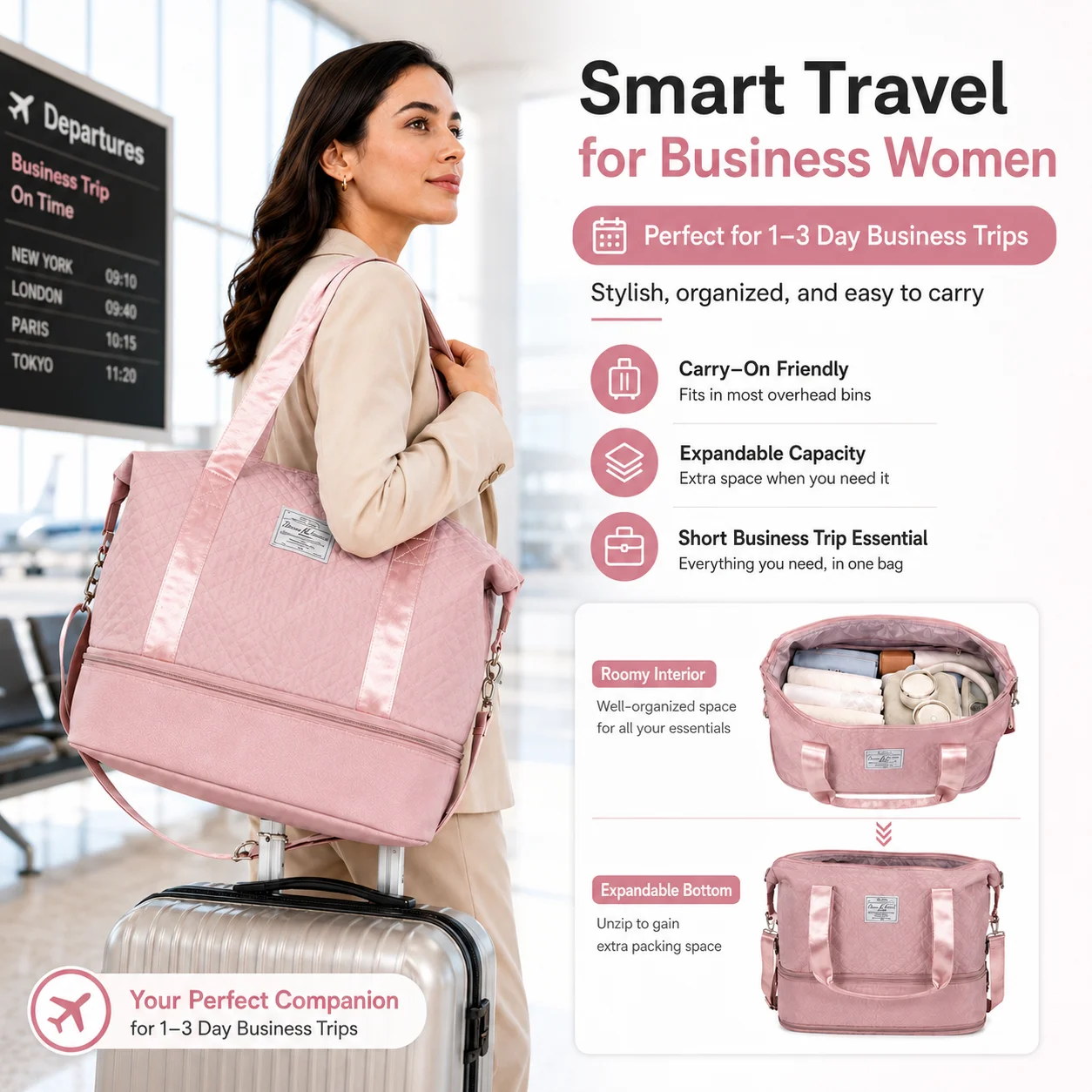 

Women’s Business Travel Duffel Bag Expandable Carry On Weekender with Shoe Compartment Wet Dry Separation Overnight Bag