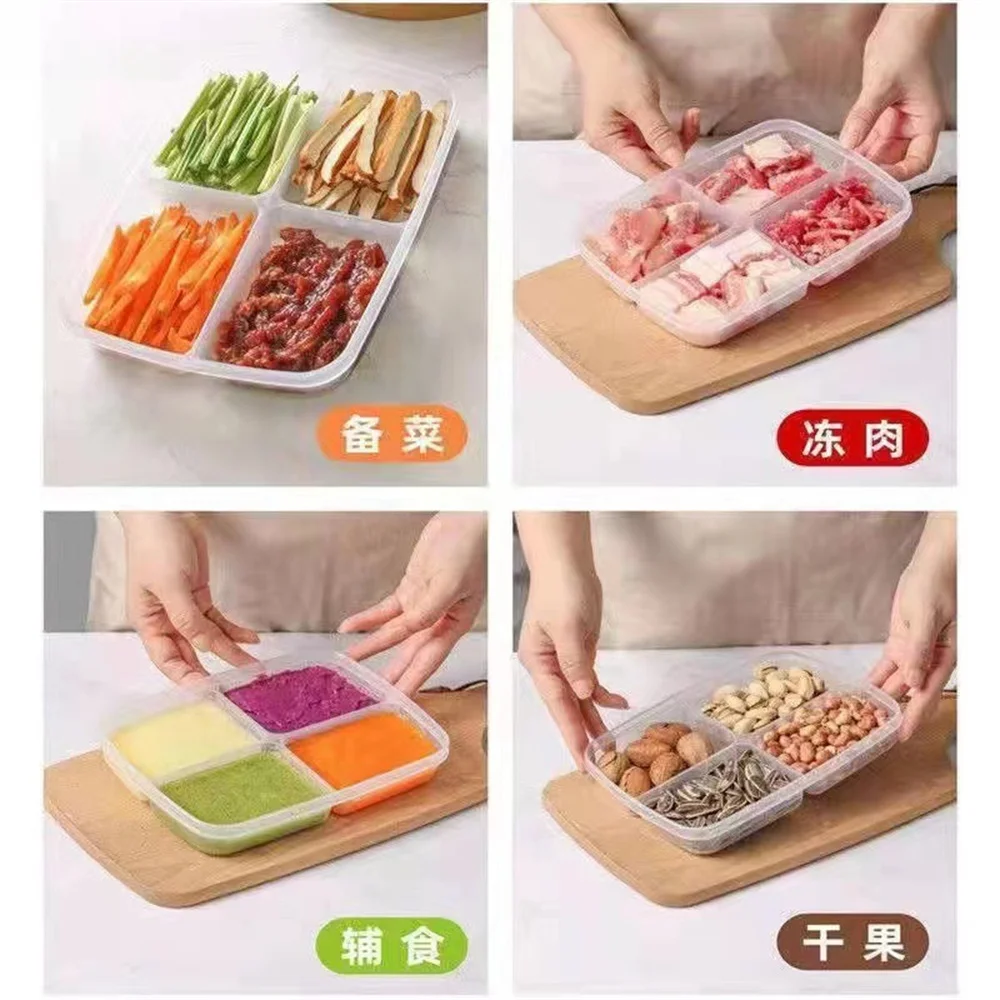 4 Grids Food Fruit Storage Box Portable Compartment Refrigerator Freezer Organizers Sub-Packed Meat Onion Ginger Clear Crisper