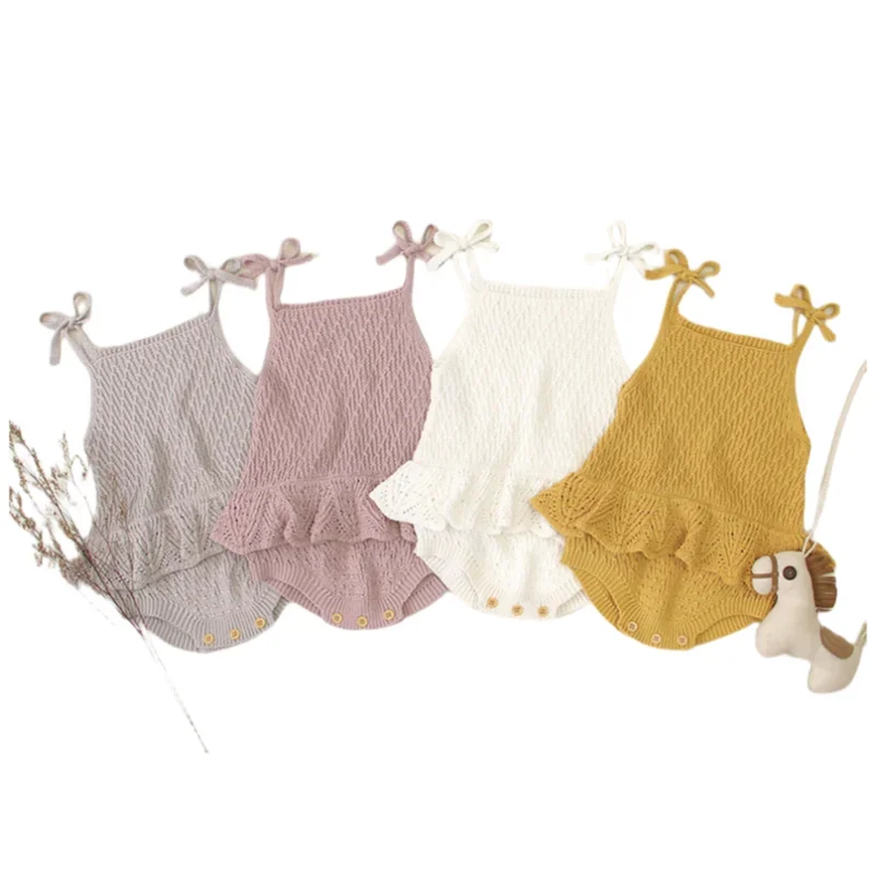 0-2 Y Baby Girls 100% Cotton Knitted Romper with Bow & Frill Hem, Soft & Comfortable for Baby Daily Wear for Baby Girl Clothes