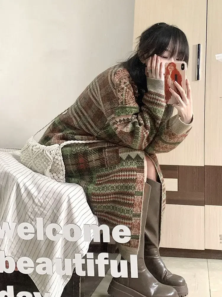 

Lazy Style High Neck Loose Fit Knee High Knit Cardigan Thick Retro Ethnic Style Jacquard Long Sweater Jacket Women's