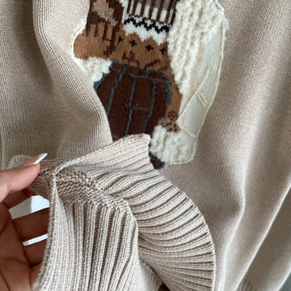 Reine Baumwolle Gestrickte Lange Sve Pullover Bär Stickerei Lose Fit runde Ne Herbst Winter Faion Retro Sle frauen Top