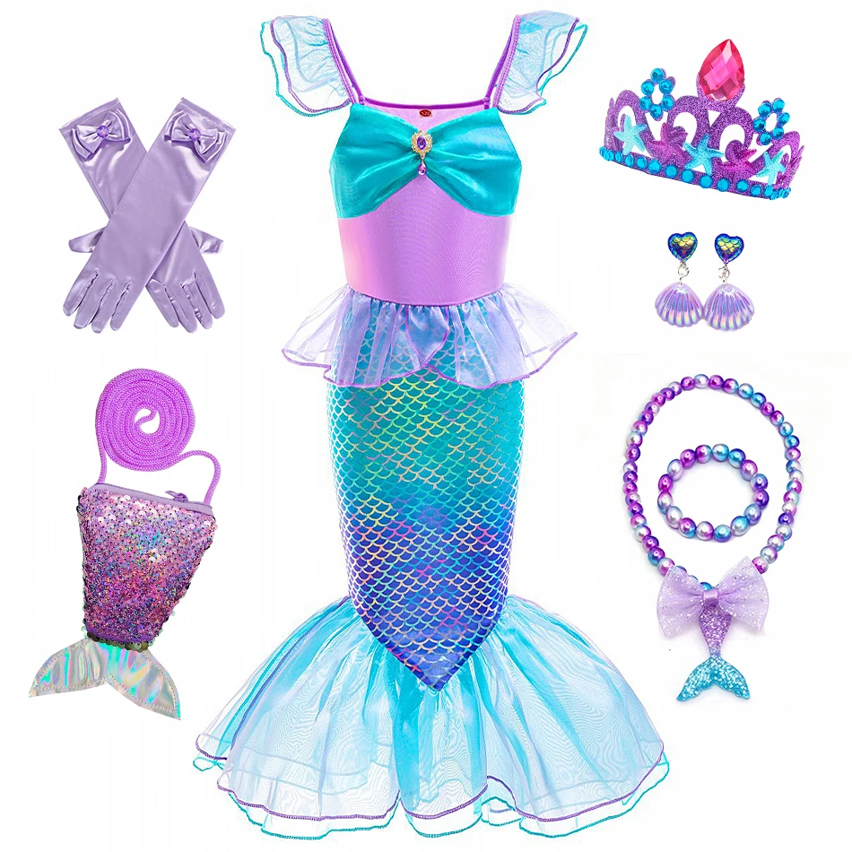 Girl Ariel Fishtail Skirt Mermaid Cosplay Princess Dress Children Stage Performance Costume Kid Halloween Carnival Party Clothes