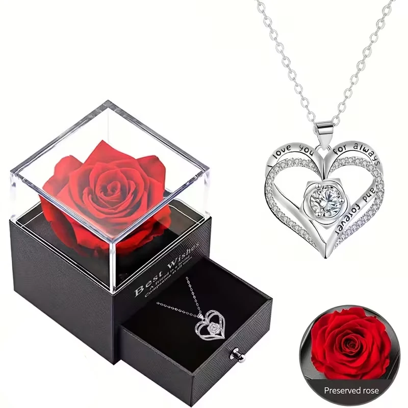 Elegant Women'S Heart-Shaped Pendant Necklace with Red Rose - Ideal for Mother'S Day, Christmas, Valentine'S Day, Birthday Gifts