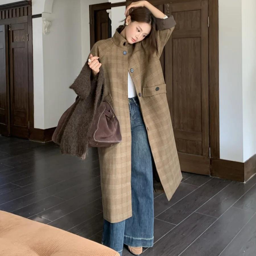 

Women's Chic Long Woolen Coat Retro Plaid Cotton oulder Insertion Stand Collar Slimming Outerwear Commute Sle Loose Fit