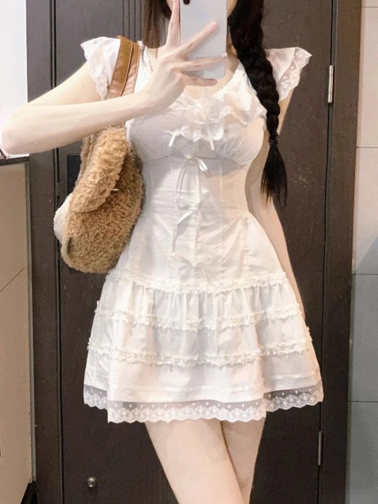 

Японское кавайное белое мини-платье принцессы, женское милое летнее цельнокроеное платье с кружевом, элегантное милое вечернее платье с бантом