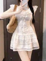 Japanese Kawaii Princess White Mini Dress Women Cute Lace Design Summer One-piece Dress Elegant Sweet Bow Evening Party Dress