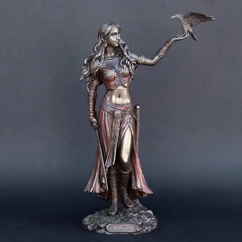 Morrigan Celtic Battle Goddess Resin Statue, Copper Tone Sculpture with Crow and Sword, 15cm Tabletop Home Decoration, Mythologi