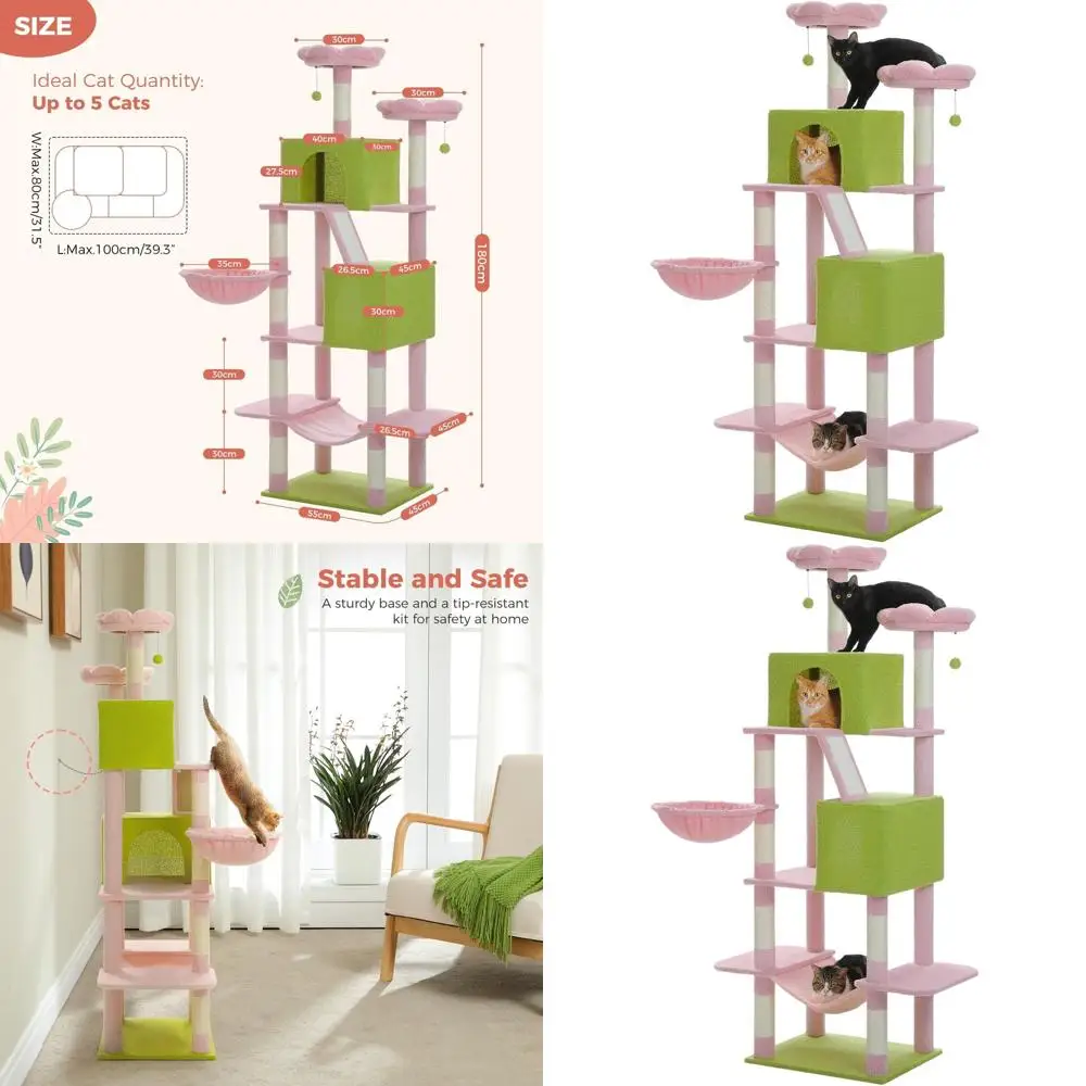 

70.8 Tall 8-Level Adult Cat Tree with Sisal Posts, Hammocks, Condos, Perch & Pom Poms for Multi-Cat Homes - Carpet Pink