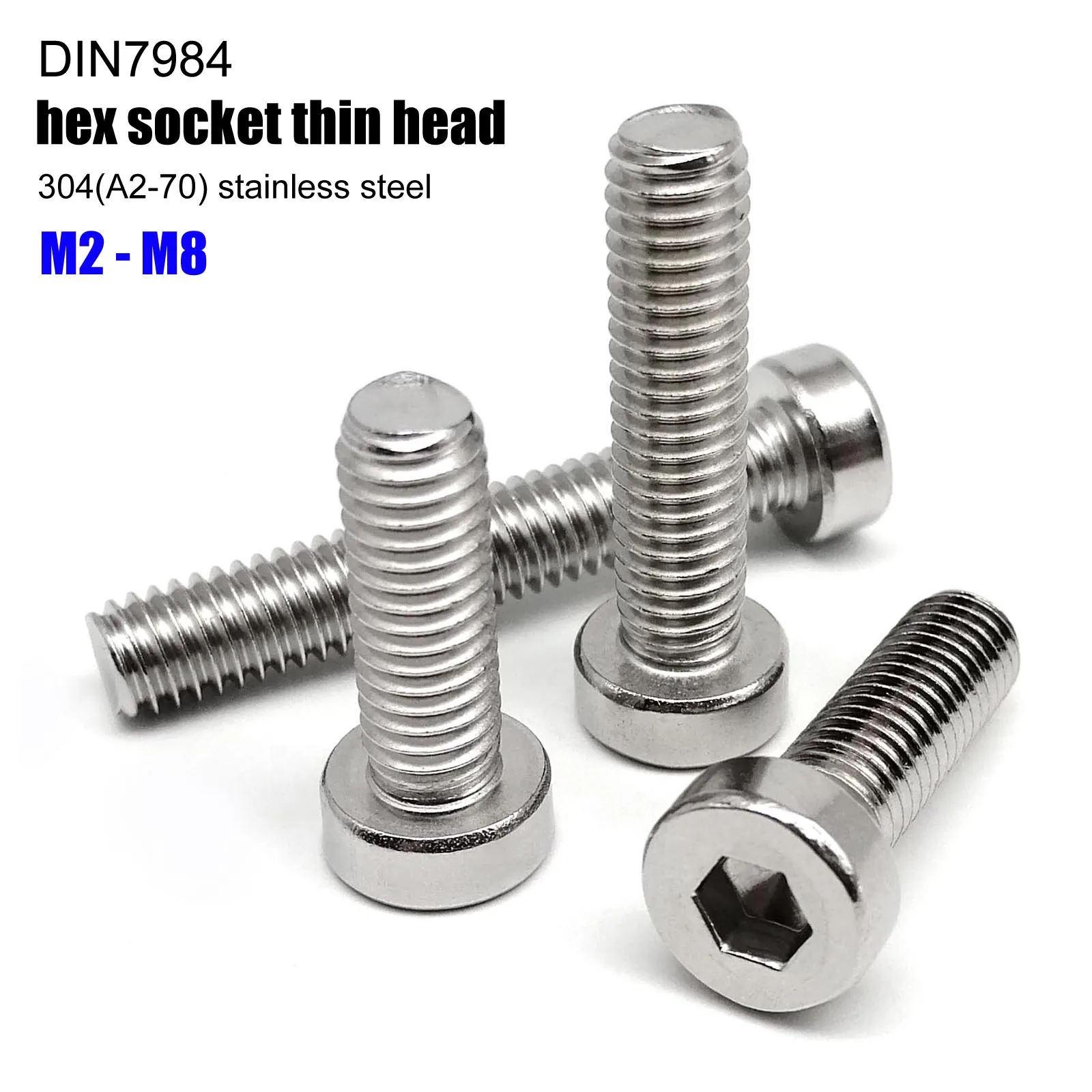 M2 M2.5 M3 M4 M5 M6 M8 Length 3-100mm 304 A2 Stainless Steel Allen Hex Hexagon Socket Thin Low Short Profile Cap Bolt Screw