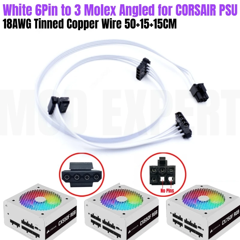 6Pin to 3 Molex IDE 4Pin Belt, Peripheral White Color Power Cable for Corsair CX550F CX650F CX750F RGB Modular Power, 50+15+15CM