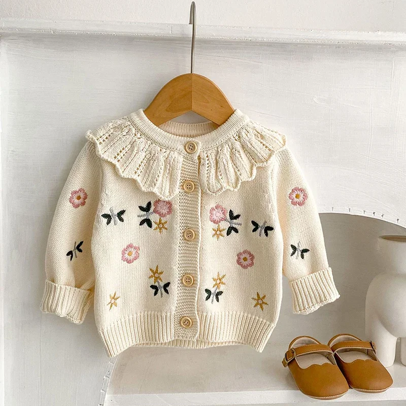 Autumn Cardigan Versatile Girl Baby Childrens Flower Embroidered Lotus Leaf Collar Knitted Pure Cotton Baby Girls Cardigan Coat