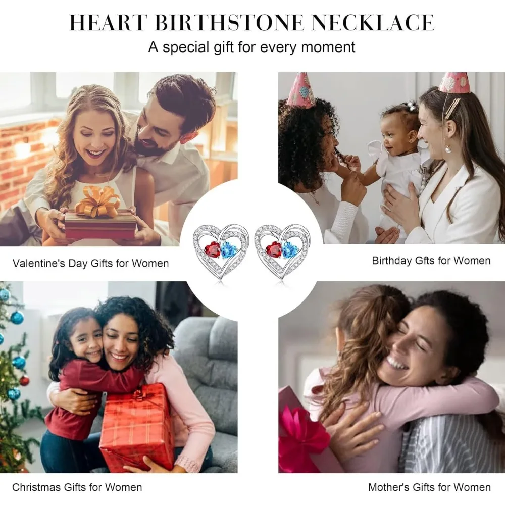 أقراط جوهرة الميلاد على شكل قلب من الفضة الإسترليني، ترصيع جوهرة الميلاد المزدوجة، هدايا مثالية لأعياد الميلاد للذكرى السنوية للنساء، مثالية لـ Chri