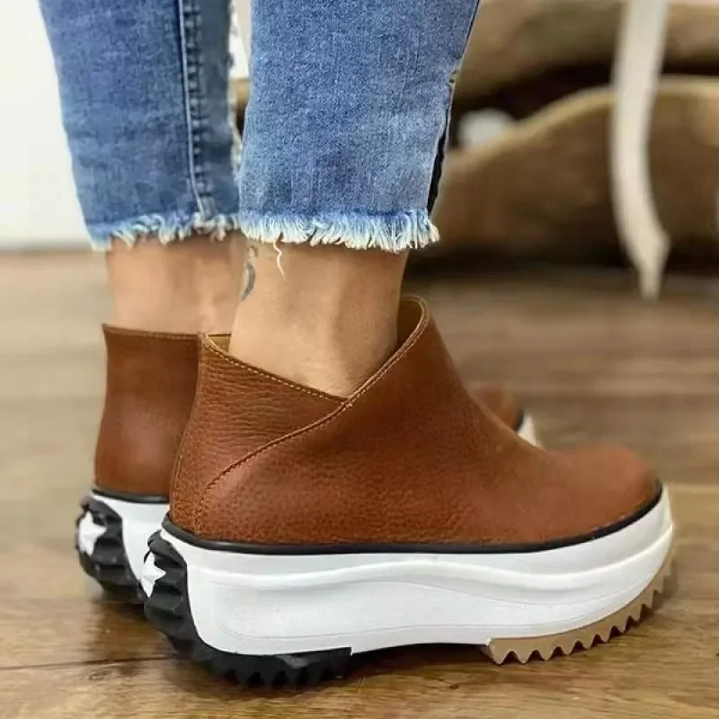 Women Leather Boots Round Toe Side Zipper White Bottom Ladies Platform Shoes Solid Color Daily Walking Female Ankle Booties