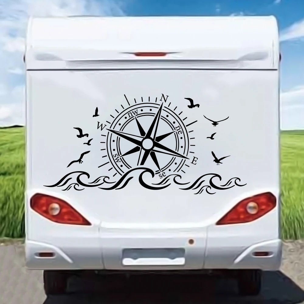 Large Compass Wave Bird Car Sticker Nautical Ocean Landscape Truck Auto Vehicle Decal Door Body Side Vinyl Decor