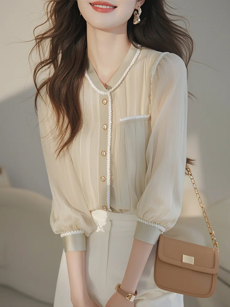 French Frigid High-end Light Green Chiffon Women's Small Loose Top Nine-sleeved Shirt