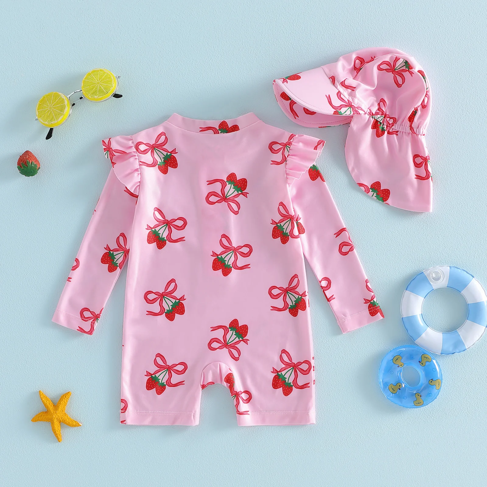VISgogo 0-3 Years Toddler Baby Girl Rash Guard Cute Bow Strawberry Print Long Sleeve Jumpsuit with Hat 2Pcs Swimwear