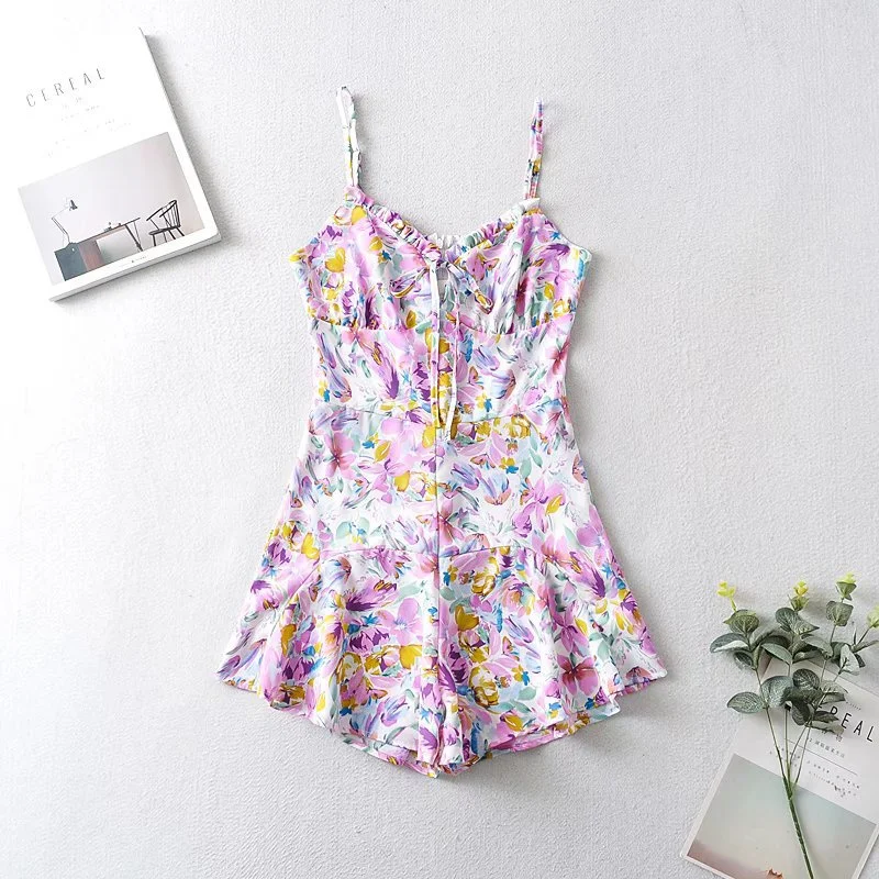 

Purple Flower Print Boho Wide Leg Women Playsuit Romper Sleeveless Lace Up Ruffles Pleated Overalls Summer Beach Romper