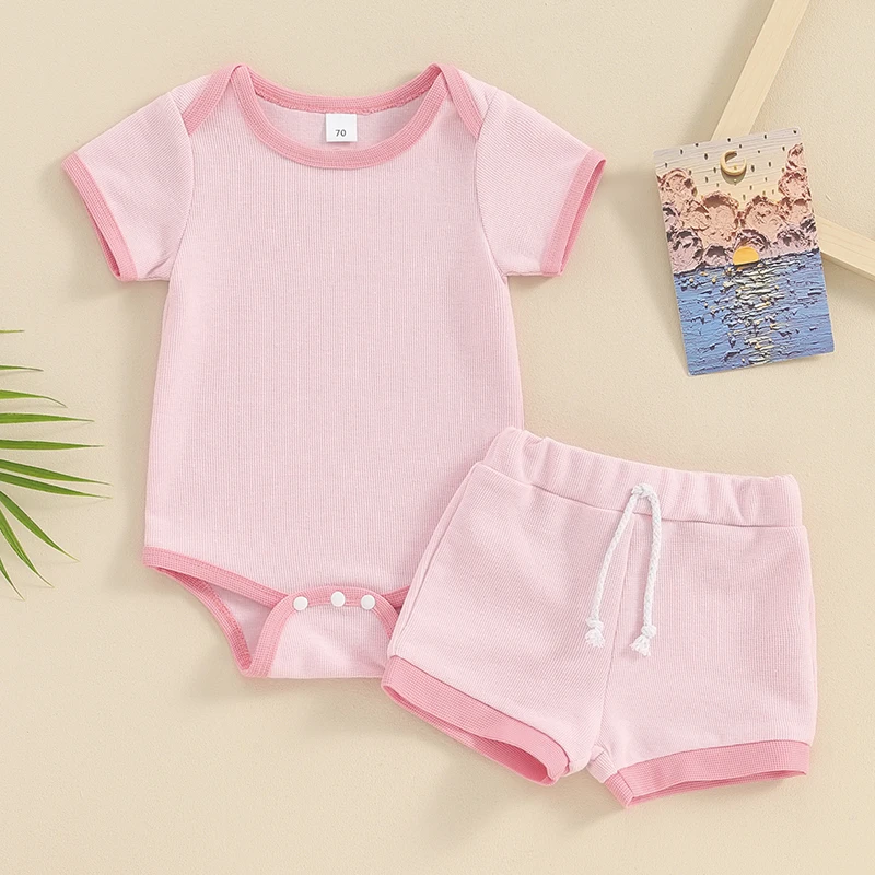 

BeQeuewll Baby Boy Girl Summer Outfit Patchwork Crew Neck Short Sleeve Rompers Elastic Waist Shorts 2Pcs Clothes Set