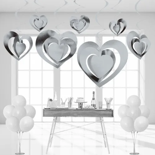 Aydınlı Party 3 Dimensional Spiraled Gümüş Color Heart Shaped Ceiling Hangings Süsü 12 PCs