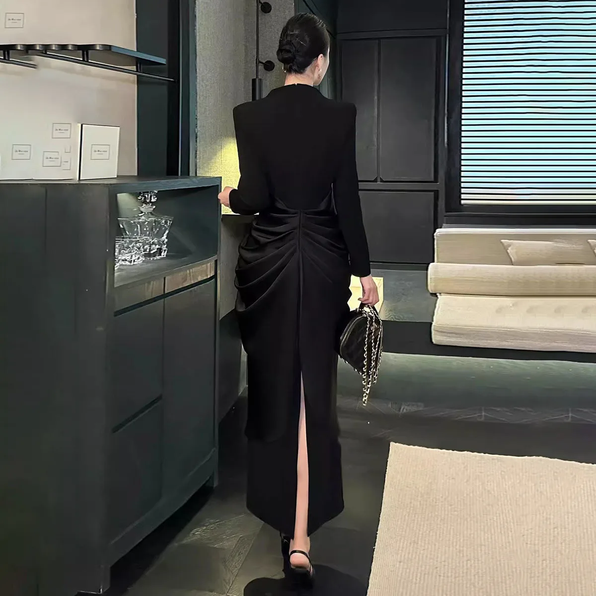 KWTX Damen-Kleid, solide, schlankmachende, gespleißte Falten, elegante Kleider für Damen, Rundhalsausschnitt, lange Ärmel, hohe Taille, Damenbekleidung, Neu