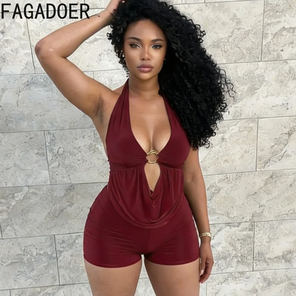 

FAGADOER Spring New Sexy Solid Color Bodycon Romper for Women Halter Sleeveless Backless Jumpsuits Female Streetwear Overalls