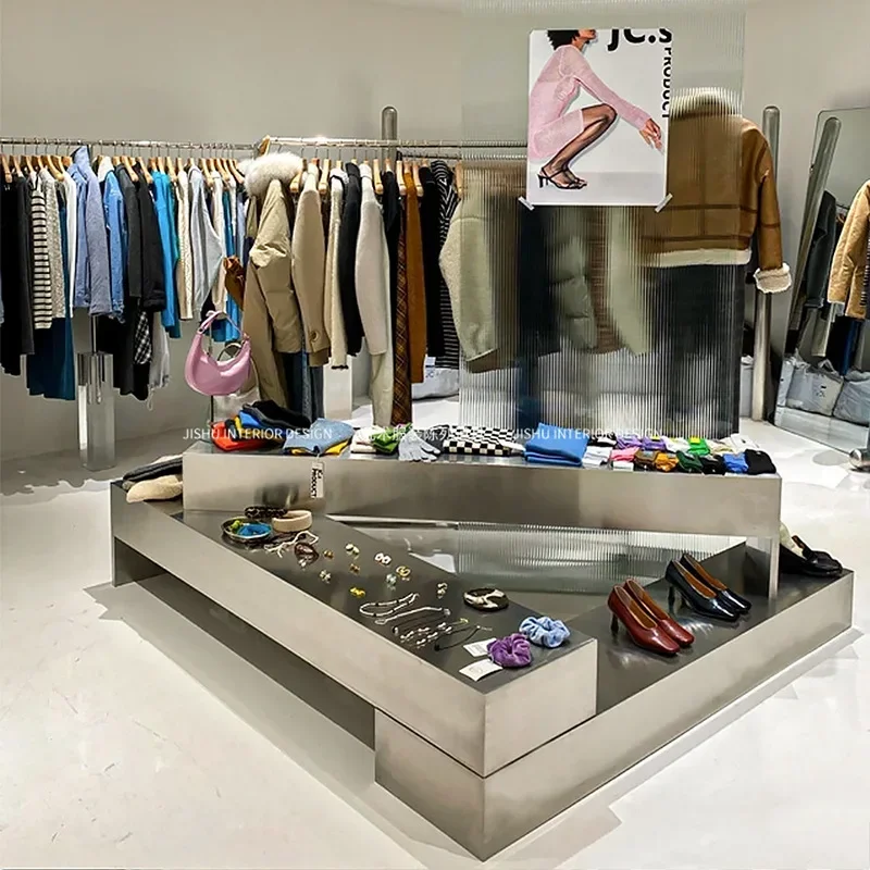 Clothing buyer store, high-end, Nakajima water table, stainless steel display table, display rack
