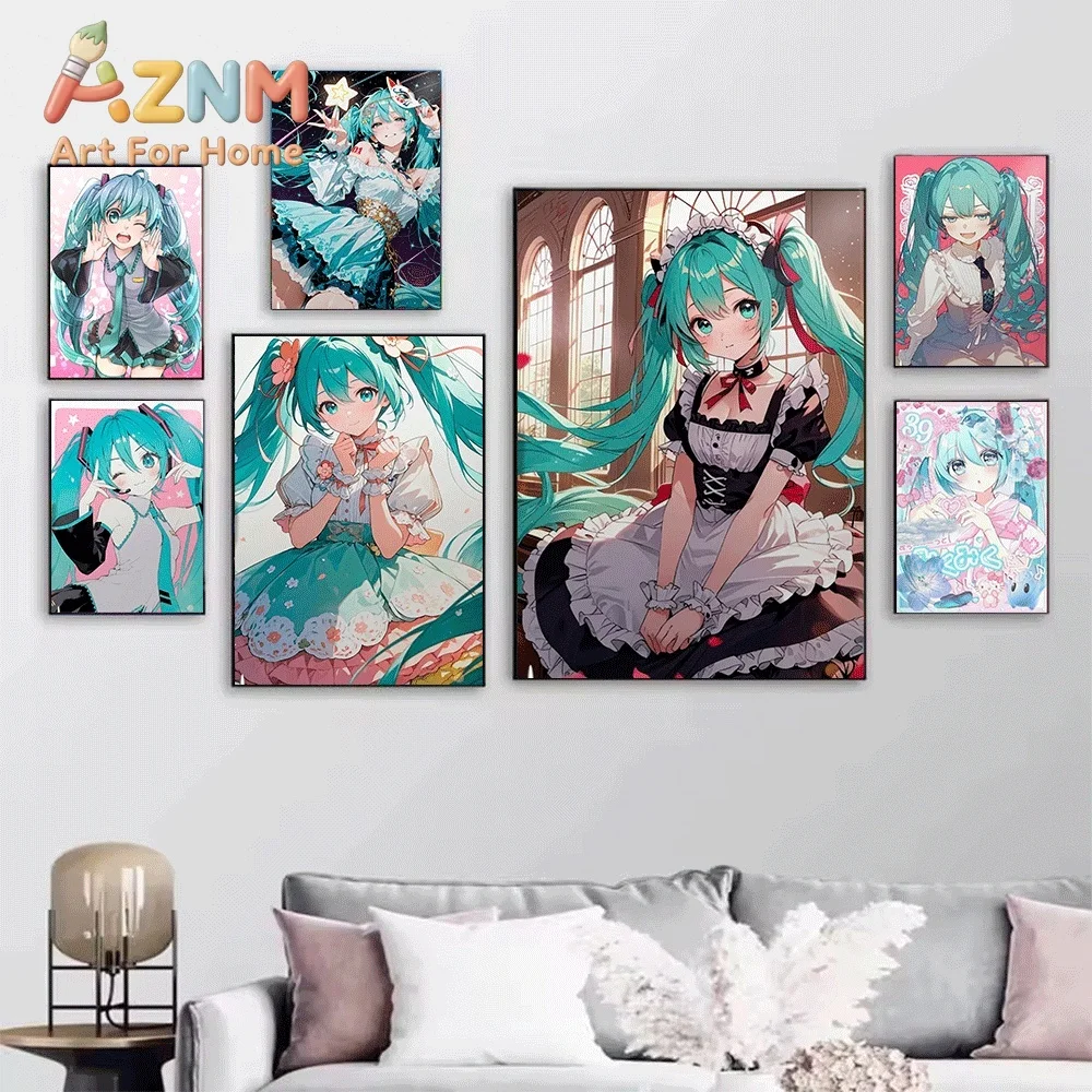 Hatsune Miku Sweet Lolita Outfit Anime Canvas Painting Frameless Wall Art Print Poster Home Bedroom Living Room Cute Character
