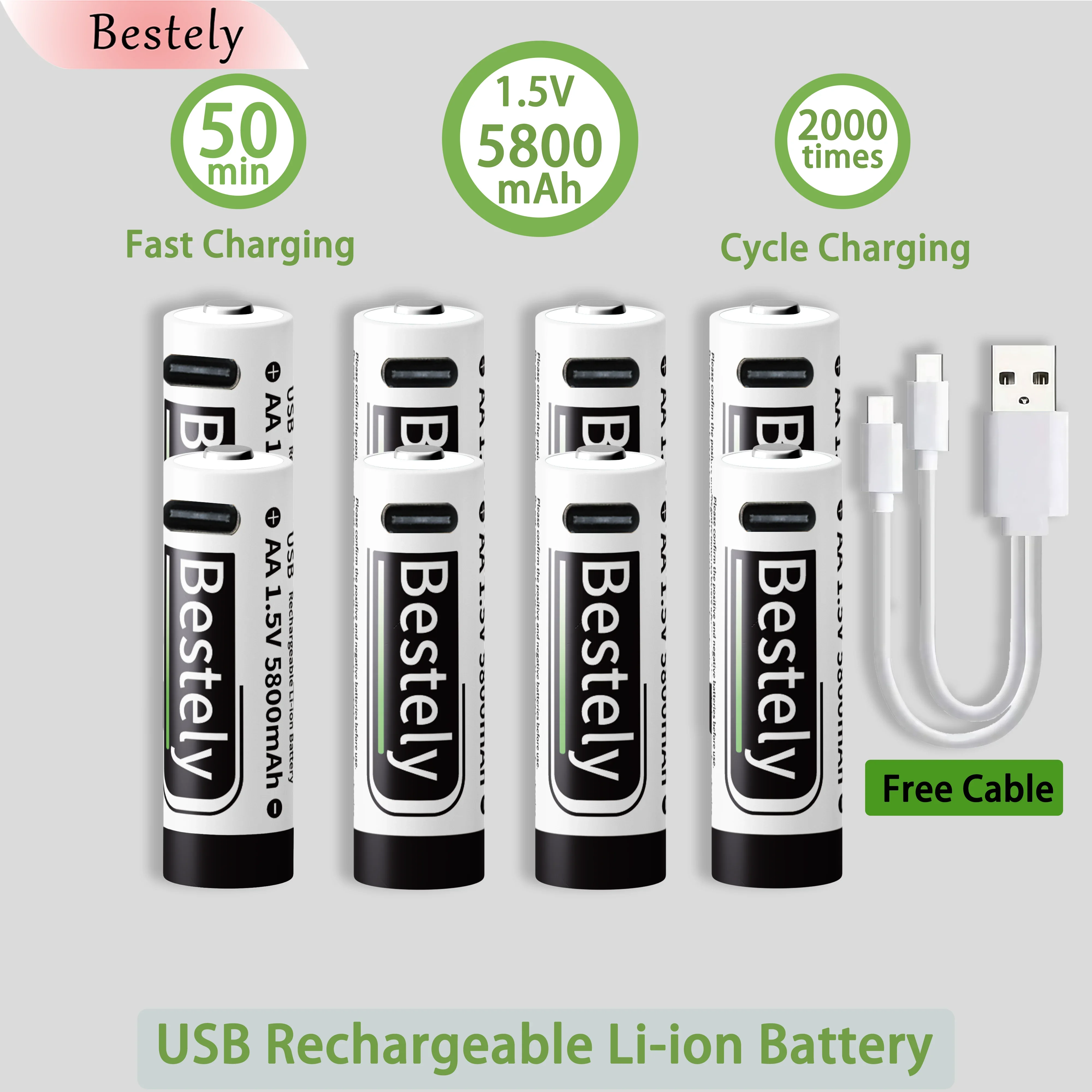 Bestely USB 1.5V AA 5800mAh Lithium ion Rechargeable Battery, AA Fast Charging Li-ion Akku  , 2000 Cycle with USB- C Port Cables