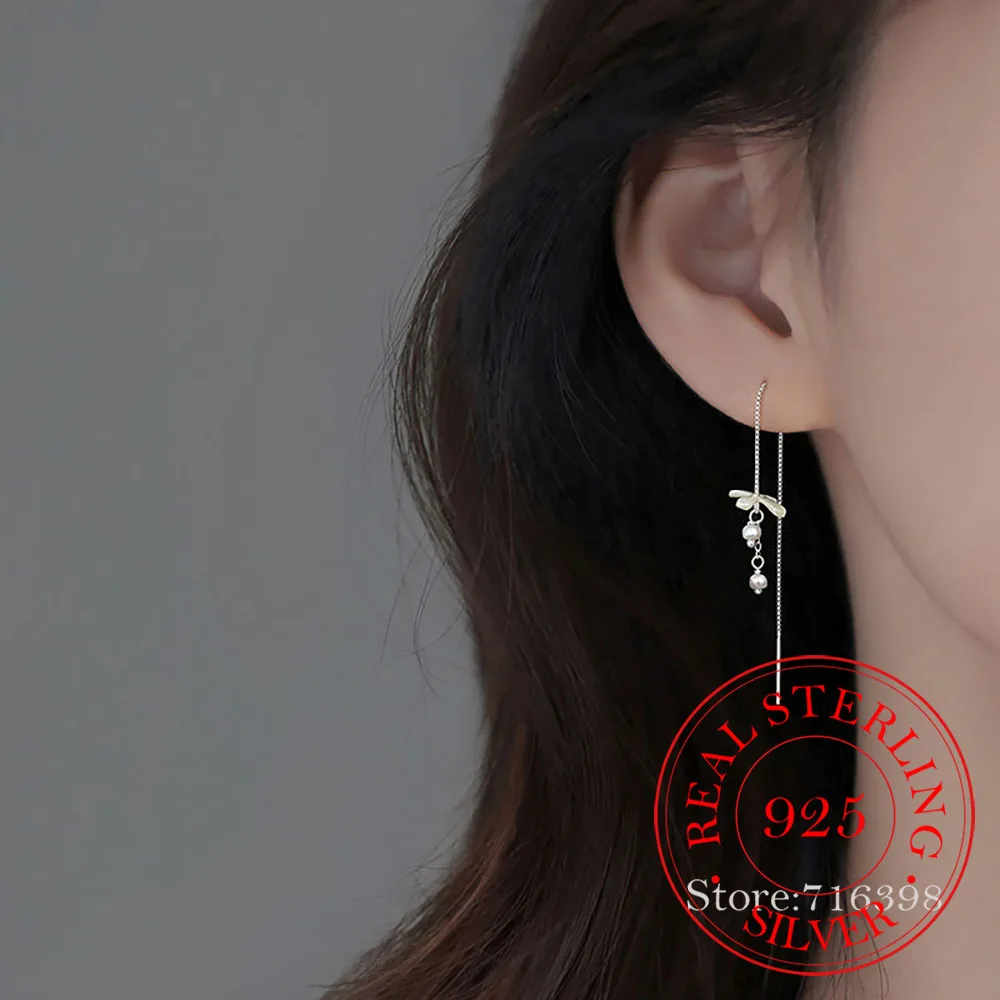 Original 925 Sterling Silver White Flower Long Tassel Drop Earrings For Women Korean Fine Jewelry Wedding Gift Aretes De Mujer