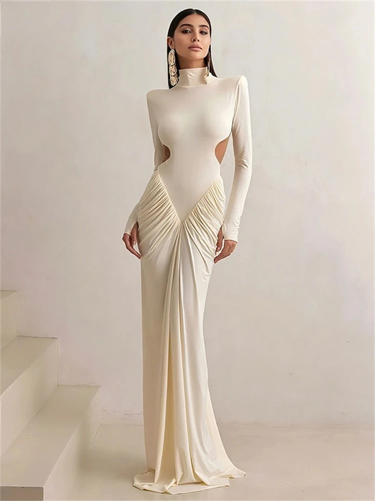 Mode élégant à manches longues pull Sexy à manches longues Club soirée Maxi robe femmes col roulé 2025 découpé robe