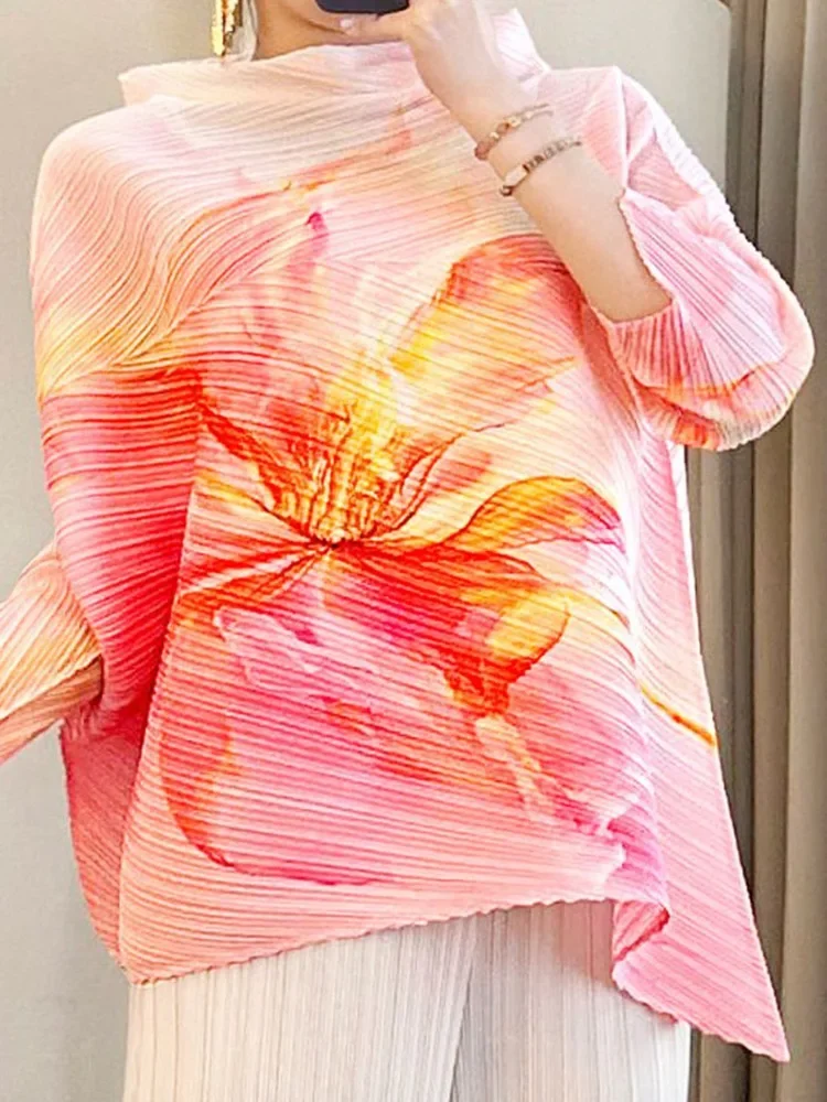 2025 ฤดูร้อน New Wave Miyake หลวมแฟชั่น Stand-up Collar ยาวไม่สม่ําเสมอผู้หญิงเสื้อลําลองพิมพ์ผู้หญิงเสื้อ