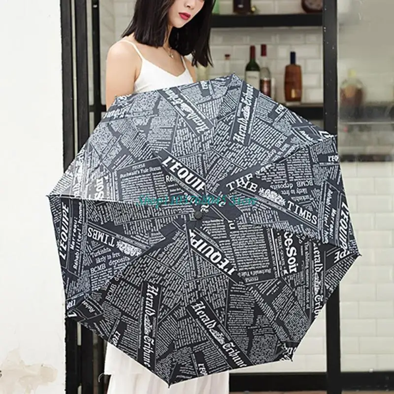R53F Fully Automatic Newspaper Printing Three Folding Umbrella Unisex Retro Umbrellas for Outdoor Traveling Camping Rainy