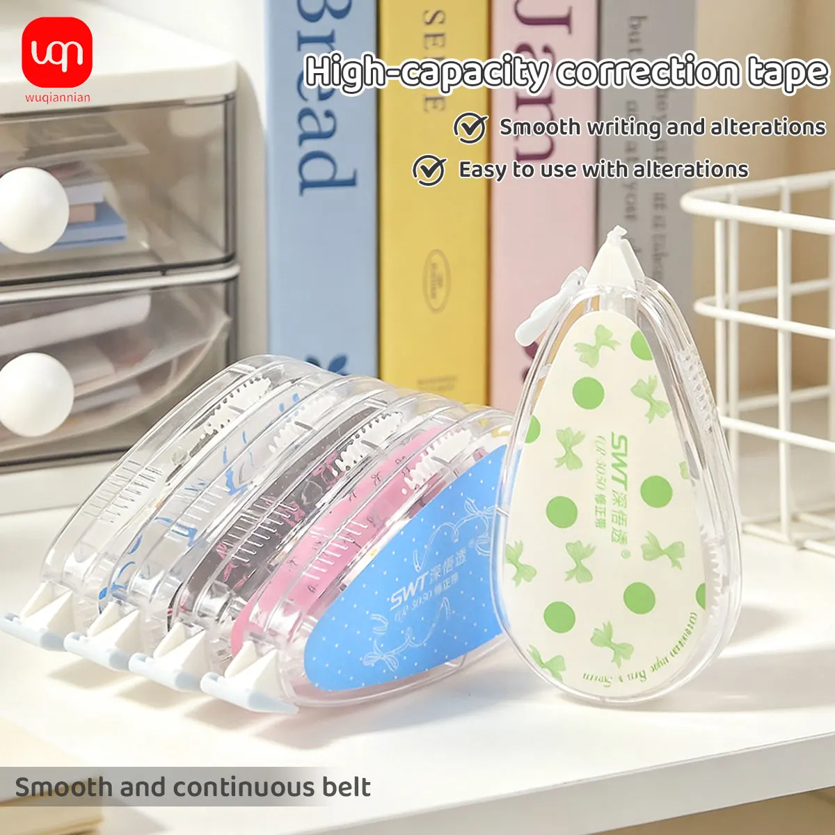Cute Bowknot Print Correction Tape, 5mm Large Capacity, Smooth and Continuous, School and Office Supplies