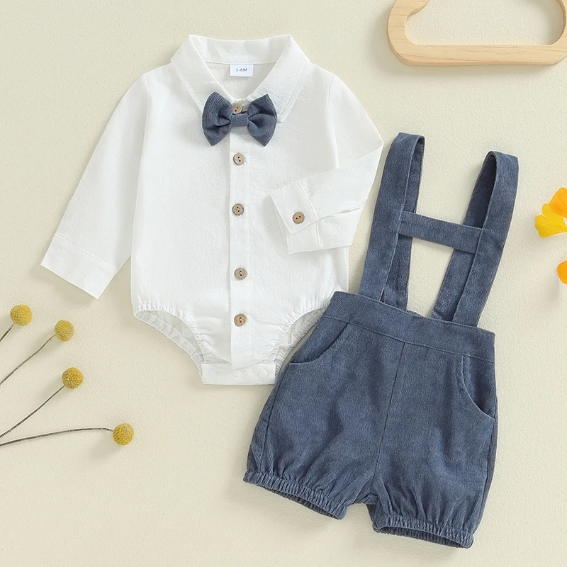 

Suefunskry Baby Boy Gentleman Outfit Solid Color Long Sleeve Lapel Neck Romper with Suspender Shorts and Bow Tie 3Pcs Set